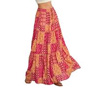 Anuedgis Women's Boho Floral Maxi Skirt Elasticated Waist Long Flowy Gypsy Indian Skirt with Pockets for Summer Holiday Beach Vacation (A-Orange, L)