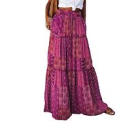 Anuedgis Women's Boho Floral Maxi Skirt Elasticated Waist Long Flowy Gypsy Indian Skirt with Pockets for Summer Holiday Beach Vacation (A-Fuchsia, M)