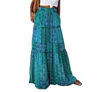 Anuedgis Women's Boho Floral Maxi Skirt Elasticated Waist Long Flowy Gypsy Indian Skirt with Pockets for Summer Holiday Beach Vacation (A-Turquoise, M)