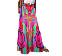 Anuedgis Women's Boho Floral Maxi Skirt Elasticated Waist Long Flowy Gypsy Indian Skirt with Pockets for Summer Holiday Beach Vacation (A-Hot Pink, XL)
