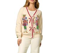 Anuedgis Womens Bow Tie Cardigan Sweaters Sequin Soldier Long Sleeve V Neck Open Front Knitted Cardigans Xmas Knitwear Aesthetic Clothes (A-Apricot, M)