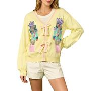 Anuedgis Womens Bow Tie Cardigan Sweaters Sequin Soldier Long Sleeve V Neck Open Front Knitted Cardigans Xmas Knitwear Aesthetic Clothes (A-Light Yellow, S)