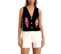 Anuedgis Women's Christmas Button Sweater Vest Sleeveless Embroidered Versatile Knitted Tank Tops Xmas Slim Fit Waistcoat Streetwear (A-Black 3, L)