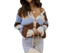 Anuedgis Women's Contrast Color Sweater Cardigans Long Sleeve V Neck Button Down Cardigan Loose Fit Going Out Knit Tops Streetwear (A-Blue, S)