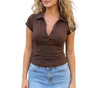 Anuedgis Women's Cotton Fitted Crop Polo Shirt Half Button Collared V Neck Short Sleeve Basic Tee Casual Smart Golf Office Daily Tops (Dark Brown, M)