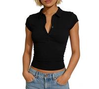 Anuedgis Women's Cotton Fitted Crop Polo Shirt Half Button Collared V Neck Short Sleeve Basic Tee Casual Smart Golf Office Daily Tops (Black, S)
