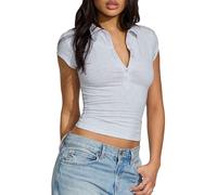 Anuedgis Women's Cotton Fitted Crop Polo Shirt Half Button Collared V Neck Short Sleeve Basic Tee Casual Smart Golf Office Daily Tops (A-Light Grey, L)