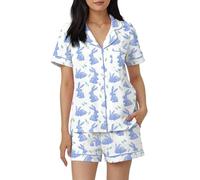 Anuedgis Women's Easter Pyjamas Set Bunny Print Button Lapel Short Sleeve Shirt Elastic Shorts Cosy Summer Sleep Loungewear (A-Blue, S)