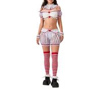 Anuedgis Women's Halloween Clown Cosplay Costume Sexy Off Shoulder Crop Top Shorts Striped Stockings Set for Role Playing Stage Performance (A-01, XL)