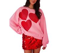 Anuedgis Women's Hearth & Cupid Sequin Sweatshirt Cosy Fleece Loose Fit Crewneck Long Sleeve Pullover for Valentine's Day & Date Night (A-Pink Heart 1, XL)