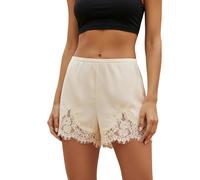 Anuedgis Womens Satin Boxer Shorts Y2k Lace Trim Micro Pajama Shorts Cute Elastic Waist Silk Pj Bottoms Loungewear (A-Beige, M)