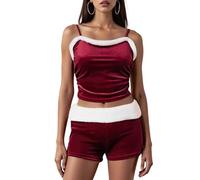 Anuedgis Women's Sexy Santa 2 Piece Outfit Red Velvet Plush Trim Camisole Top & Micro Shorts Christmas Lingerie for Cosplay Party (A-Red, M)
