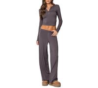 Anuedgis Women's Stretchy Co-Ord Set Slim Fit Long Sleeve V-Neck Crop Top & Wide Leg Trousers Cosy Tracksuit for Lounge Yoga Airport (B-Grey, S)