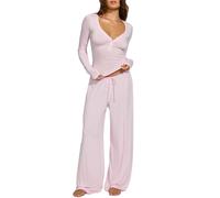 Anuedgis Women's Stretchy Ribbed Co-Ord Set | Slim Fit Long Sleeve V-Neck Top & Wide Leg Trousers | Comfy Tracksuit for Lounge Yoga Gym (A-Pink, M)