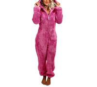 Anuedgis Womens Thick Plush Sleep Romper with Bear Ear Hat Long Sleeve Zip up Hooded Jumpsuit Autumn Winter Warm Loungewear (A-Rose red, S)