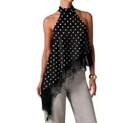 Anuedgis Women's Y2K Asymmetrical Halter Top Satin Sleeveless Mock Neck Flowy Tank Tops with Lace Patchwork for Party Club (A-Black Dots, L)