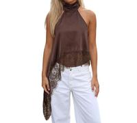 Anuedgis Women's Y2K Asymmetrical Halter Top Satin Sleeveless Mock Neck Flowy Tank Tops with Lace Patchwork for Party Club (A-Dark Brown, S)