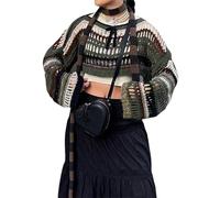 Anuedgis Women's Y2k Cropped Crochet Jumper Long Sleeve Hollow Out Knitted Pullover Top Vintage Fairycore Grunge Streetwear Cover Up (A-Green, L)
