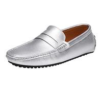 ANUFER Men's Classic Penny Loafers Flat Slip-On Soft Split Leather Moccasins Driving Shoes Silver SN070440 UK6