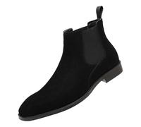 ANUFER Men's Cowhide Suede Leather Chelsea Boots Square Toe Slip On Dress Ankle Booties Black SN0711231 UK11.5