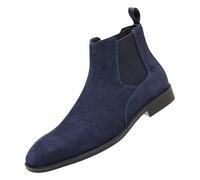 ANUFER Men's Cowhide Suede Leather Chelsea Boots Square Toe Slip On Dress Ankle Booties Navy Blue SN0711231 UK10