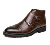 ANUFER Men's Elegant Double Monk Buckle Ankle Boots Pointed Toe Business Dress Shoes Coffee SD5A1110 UK9