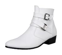 ANUFER Men's Handsome Pointed Toe Ankle Boots Western Heel Side Zipper Leather Dress Booties White SN079209 UK11