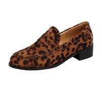 ANUFER Women's 3.5cm Block Heel Penny Loafers Round Toe Slip-On Court Shoes Leopard SN0704249 UK7