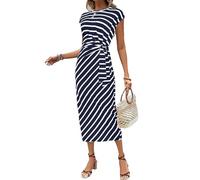 ANUFER Women's Cap Sleeve Bodycon Long Dress Casual Crewneck Waist Tie Summer Pencil Dresses SN0703453 Striped Navy XL