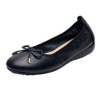 ANUFER Women's Genuine Leather Little Wedge Heel Ballet Flats Lovely Bowknot Soft Slip-on Pumps Dolly Shoes Black SN070519 UK5.5