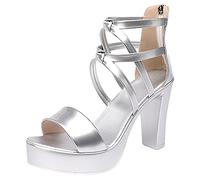 ANUFER Women's High Block Heel Strappy Roman Sandals Open Toe Platform Pumps Shoes Silver SN0703160 UK2.5