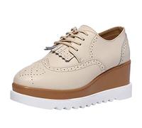 ANUFER Women's High Platform Creepers Lace-up Brogue Tassel Wedge Heel Square Toe Trainers Shoes Beige SN020213 UK2.5