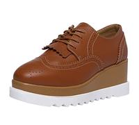 ANUFER Women's High Platform Creepers Lace-up Brogue Tassel Wedge Heel Square Toe Trainers Shoes Brown SN020213 UK4