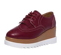 ANUFER Women's High Platform Creepers Lace-up Brogue Tassel Wedge Heel Square Toe Trainers Shoes Burgundy SN020213 UK6