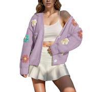 ANUFER Women's Lovely Flower Crochet Sweater V-Neck Button Down Long Sleeve Knit Cardigan Tops SN079177 Purple L