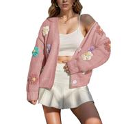 ANUFER Women's Lovely Flower Crochet Sweater V-Neck Button Down Long Sleeve Knit Cardigan Tops SN079177 Pink L