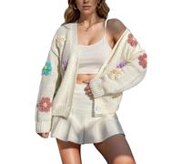 ANUFER Women's Lovely Flower Crochet Sweater V-Neck Button Down Long Sleeve Knit Cardigan Tops SN079177 White L
