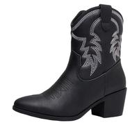 ANUFER Women's Mid Calf Cowboy Boots Embroidered Block Heel Side Zipper Western Shoes SN079163D Black UK6.5