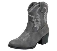 ANUFER Women's Mid Calf Cowboy Boots Embroidered Block Heel Side Zipper Western Shoes SN079163D Grey UK9