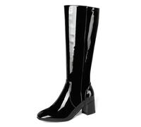 ANUFER Women's Patent Leather Knee High Gogo Boots Chunky Heel Side Zipper Disco Boots Black SD5A40730 UK5