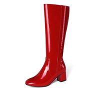 ANUFER Women's Patent Leather Knee High Gogo Boots Chunky Heel Side Zipper Disco Boots Red SD5A40730 UK3.5