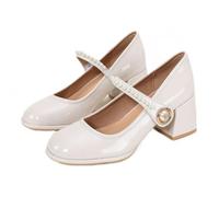ANUFER Women's Retro Mid Block Heel Mary Janes Patent Leather Pearl Buckle Dress Shoes SD5A1228 Beige UK4.5