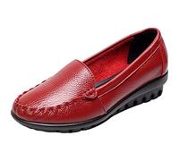 ANUFER Women's Soft Slip-on Genuine Leather Little Wedge Heel Casual Loafers Walking Shoes Red SN020534 EU40