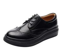 ANUFER Women's Stylish Genuine Leather Brogue Trainers Lace-up Platform Oxfords Shoes SN02406 Black UK2.5