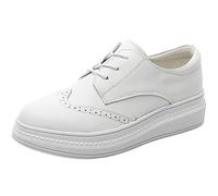 ANUFER Women's Stylish Genuine Leather Brogue Trainers Lace-up Platform Oxfords Shoes SN02406 White UK6