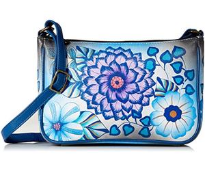 ANUSCHKA Anna Hand Painted Leather Women'S Mini Wide Crossbody, Summer Bloom Blue