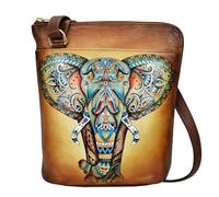 Anuschka Women’s Hand-Painted Genuine Leather Organiser Crossbody with Extended Side Zipper - Elephant Mandala
