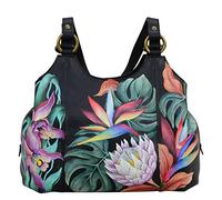 Anuschka Women’s Original Hand-Painted Genuine Leather Classic Ruched Hobo - Island Escape Black