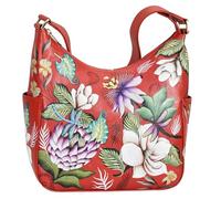 Anuschka Women's Hand-Painted Genuine Vegetable Tanned Leather Classic Hobo with Side Pockets - Crimson Garden