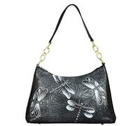 Anuschka Women's Original Hand-Painted Genuine Leather Hobo with Chain Strap - Tooled Dragonfly Meadow Pewter